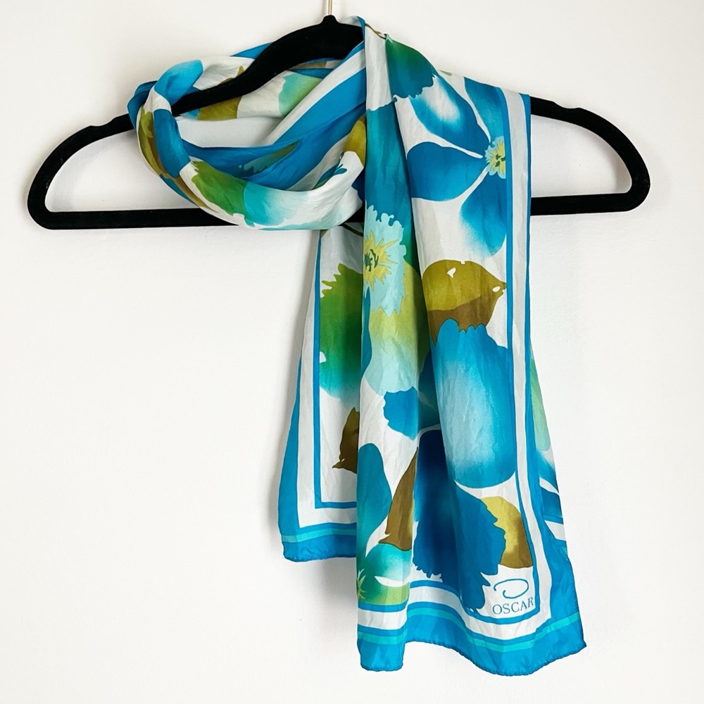 Oscar de la Renta Vintage Turquoise and White Watercolor Silk Scarf